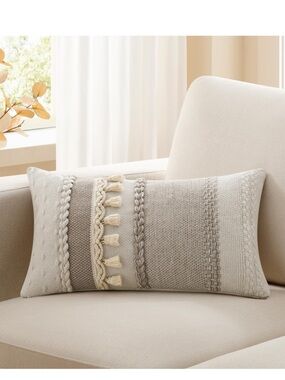 Boho Tufted Lumbar Pillow Cover with Tassel Accent 100% Cotton 14x20” KHAKI